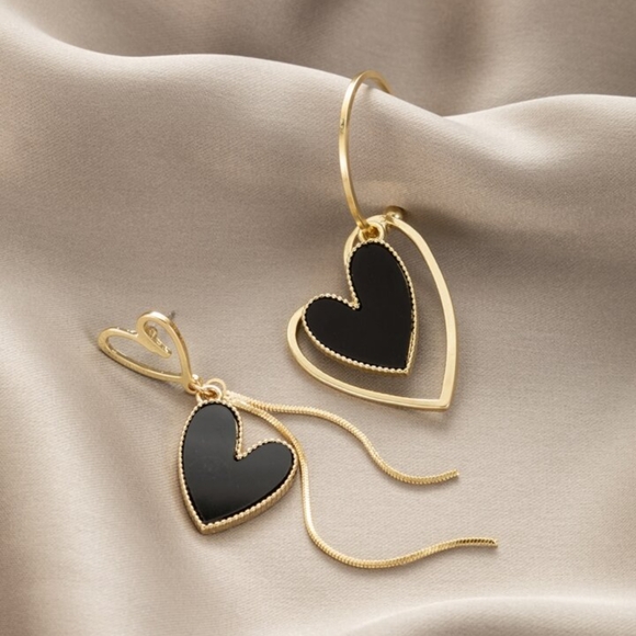 Jewelry - Black Heart Earrings Gold-tone Hoop Dangle Mix & Match Asymmetrical Tassel